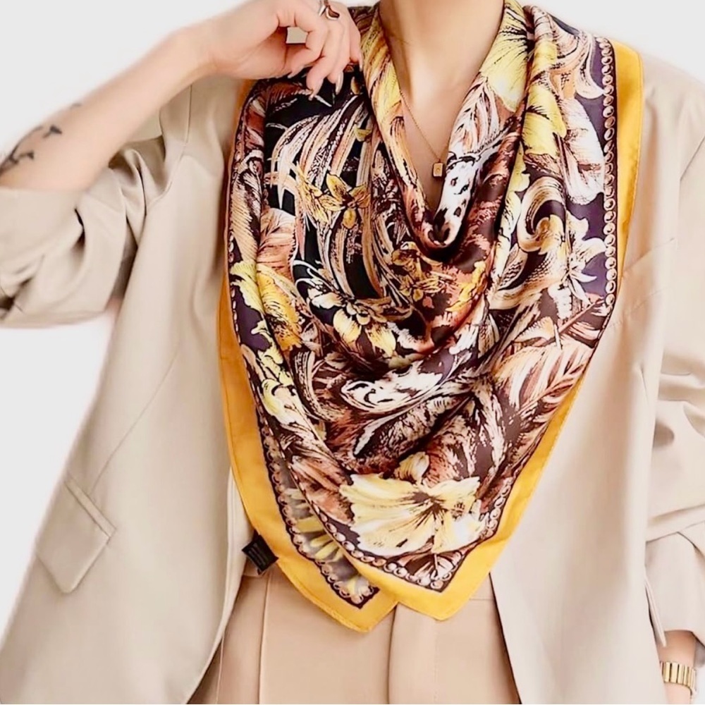 Elegant Floral tiger Silk feeling satin Scarf - Yellow and Brown